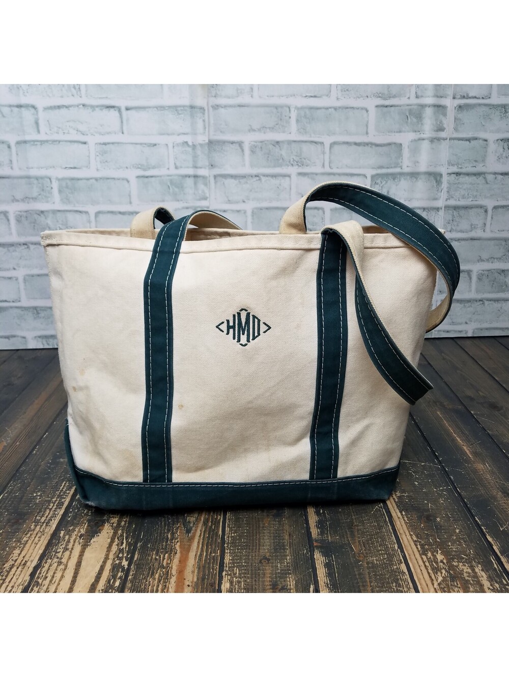 Vintage LL BEAN MAINE Medium Canvas Boat & Tote Bag Green Handles 14" x 11"
